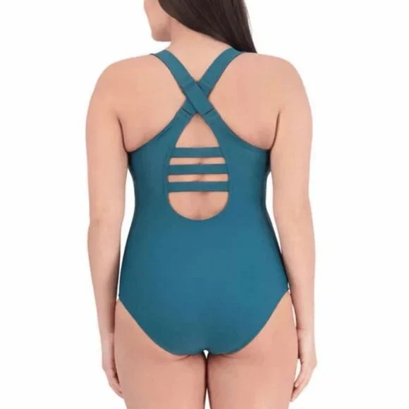 Eddie Bauer Women's One Piece High Neck Swimsuit Bathing Suit in Green - Picture 2 of 8